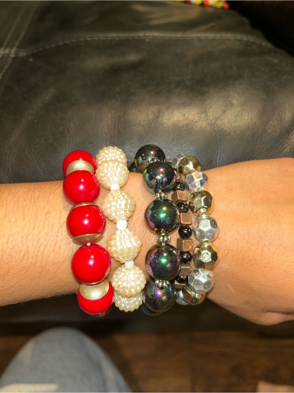 Women’s Multi-Stack Beaded Bracelet Set - Red, Cream, Iridescent, Gold